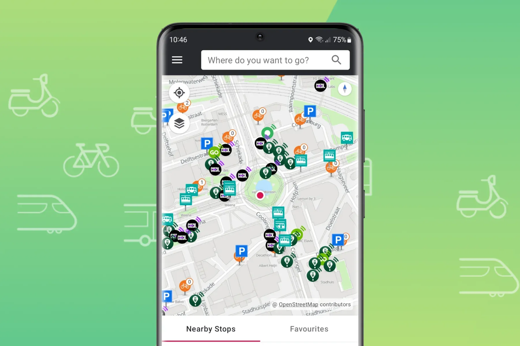 Transport available nearby tram Want to continue travelling and find shared transport near you? Tap 'nearby stops' in the app and discover all the stops, shared transport and stations around you. Continue your trip with a shared bike, scooter or car.